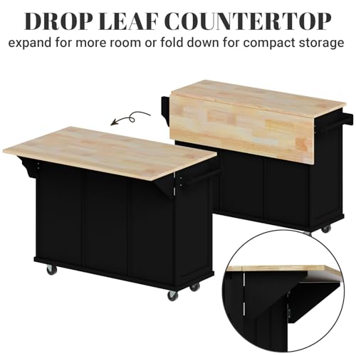 Large Kitchen Island On Wheels with Storage 54in Width Wood Island with Drawers Cabinet Spice Rack Towel Rack I50980