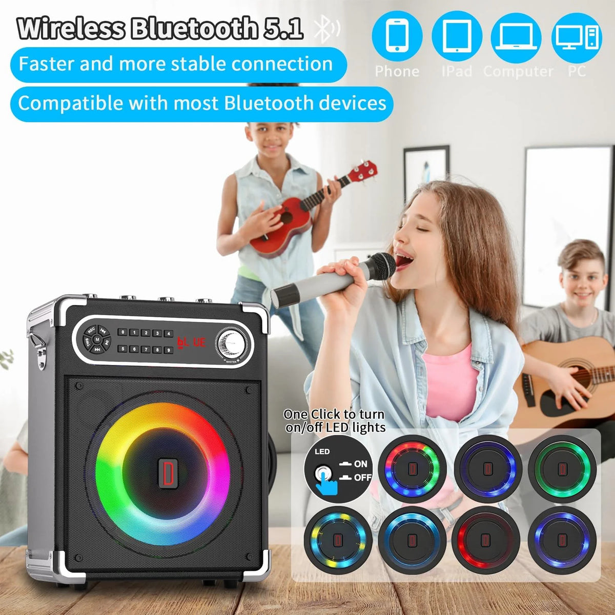 Karaoke Machine with 2 Wireless Microphones, Bluetooth Speaker J5747
