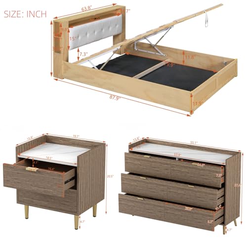 Queen Size Upholstered Platform Bed with Storage Nightstand and 6 Drawers Dresser Cabinet Q448