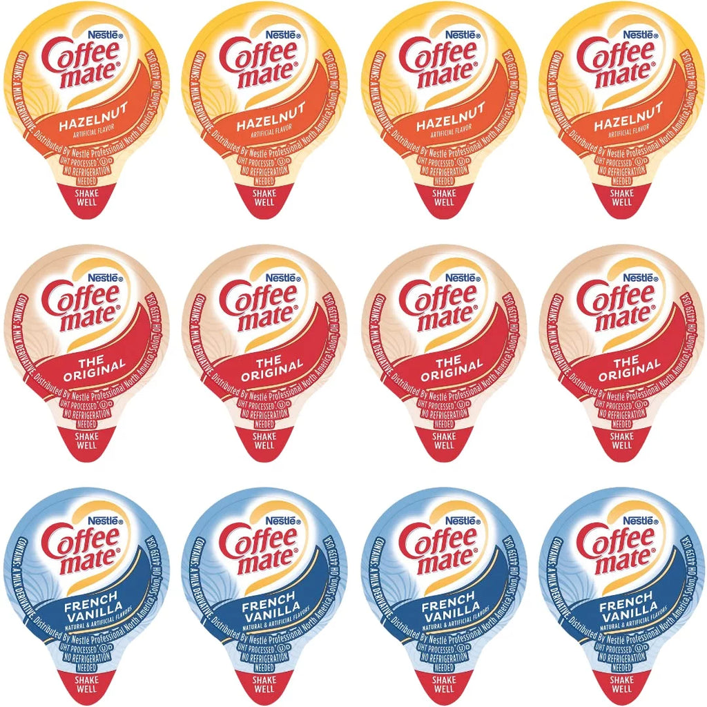 Liquid Non-Dairy Creamer Singles Variety Pack, Original, French Vanilla, & Hazelnut - Box Of 100 T3658