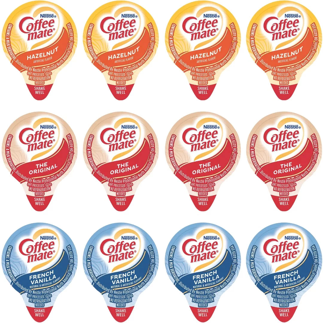 Liquid Non-Dairy Creamer Singles Variety Pack, Original, French Vanilla, & Hazelnut - Box Of 100 T3658