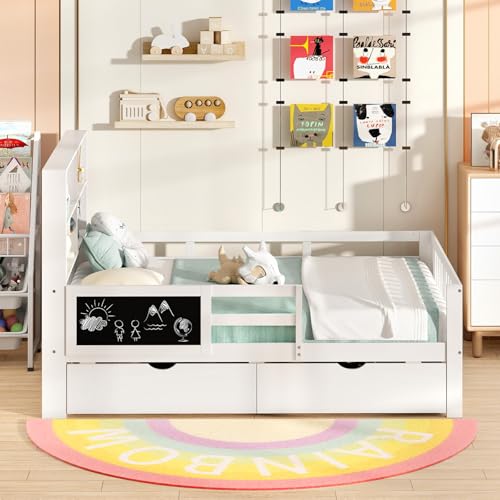 White Full Size Solid Wood Bed Frame with 2 Storage Drawers K79713