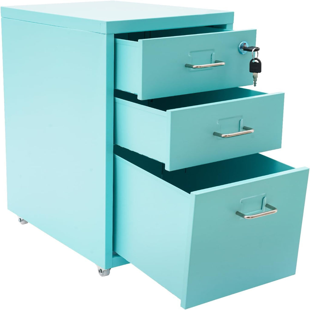 Blue 3 Drawer Mobile Metal Filing Cabinet with Lock N286