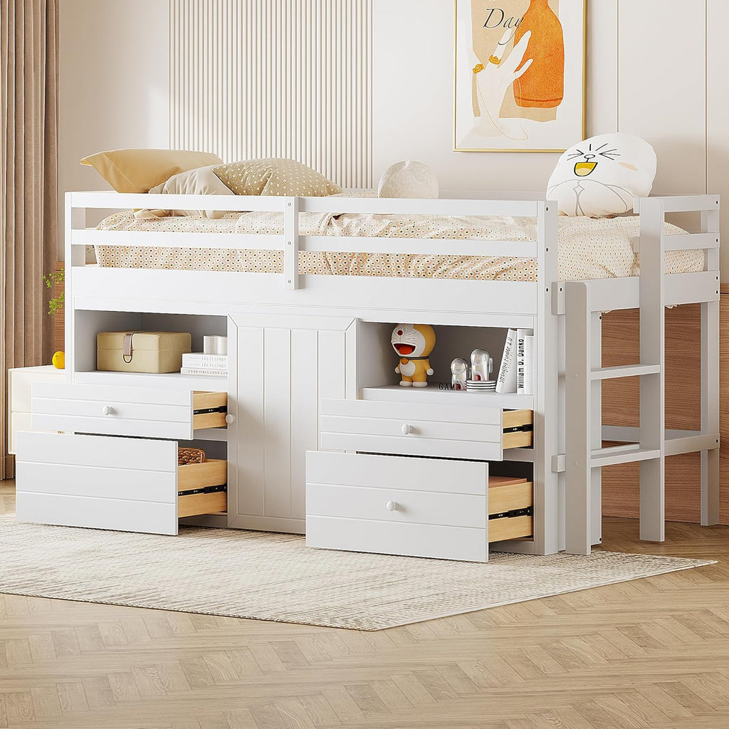 White Wooden Twin Size Loft Bed with 4 Drawers W35536