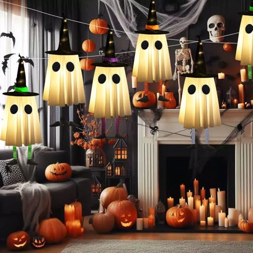 Set of 4 Halloween Hanging Ghosts with Witch Hat J679