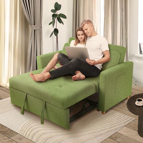 49" 2-Seater Linen Fabric Convertible Sofa Bed with Adjustable Backrest and 2 Pillows R55509