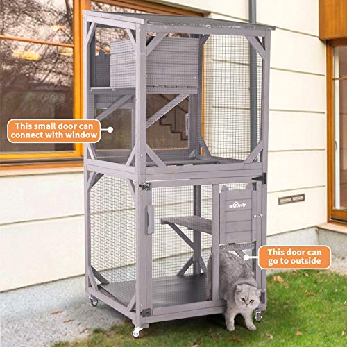Large Wooden Catio with Run on Wheels (grey) P397364