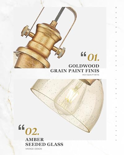7.5" Farmhouse Pendant Lighting with Clear Seeded Glass Shade, Gold Wood Paint Finish Y76645
