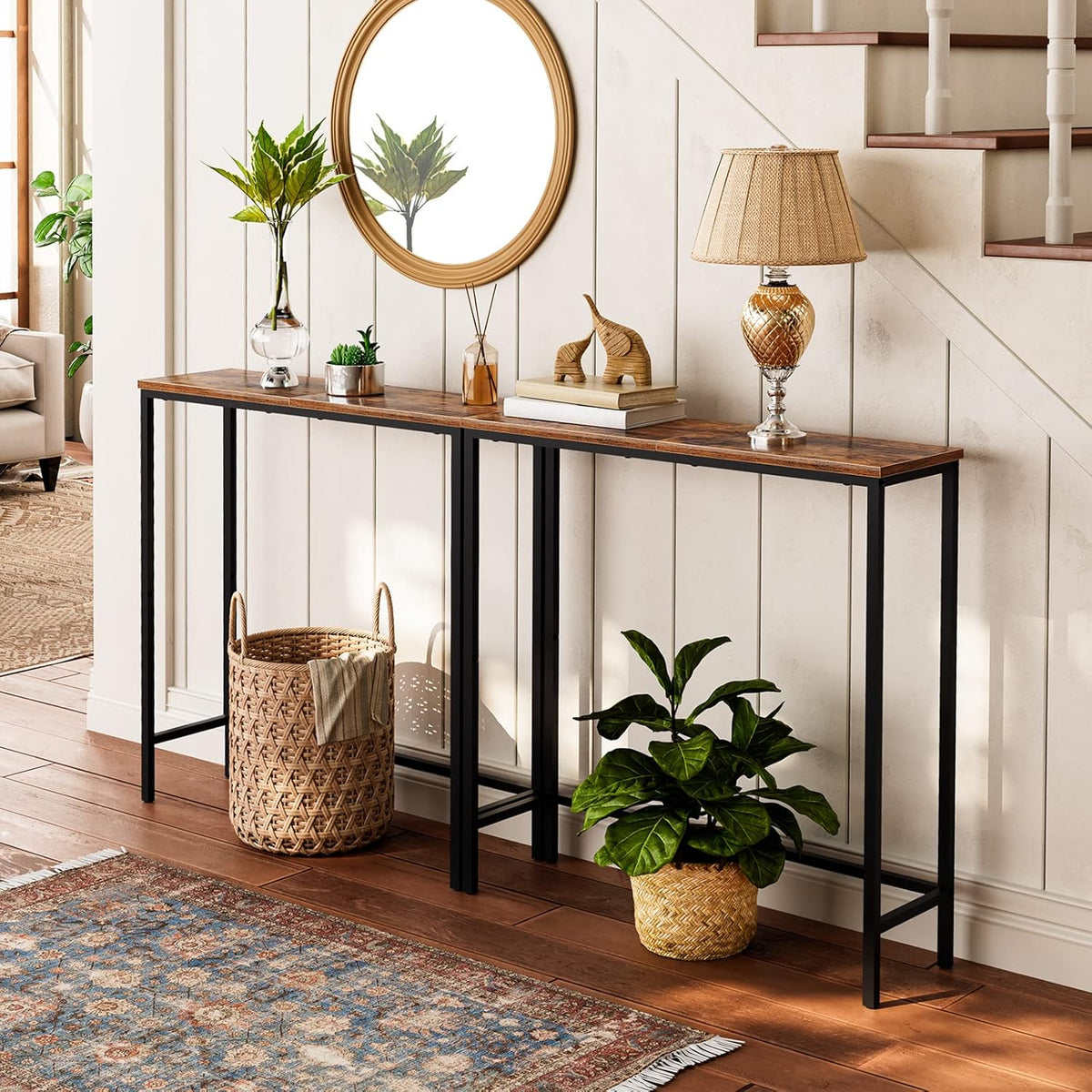 Rustic Brown and Black Narrow Console Table with 2 Fabric Drawers K707