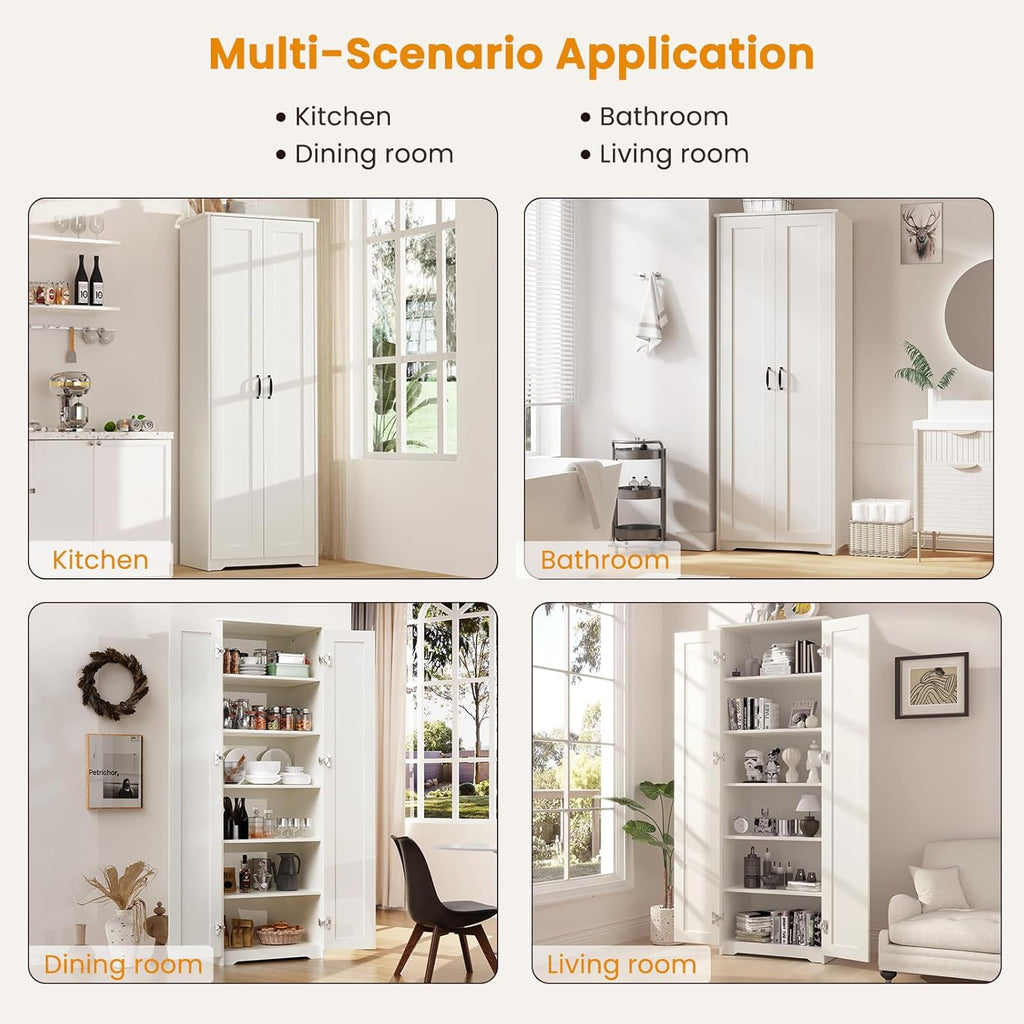 White 70" Tall Storage Cabinet with 2 Doors and 6 Adjustable Shelves W61862