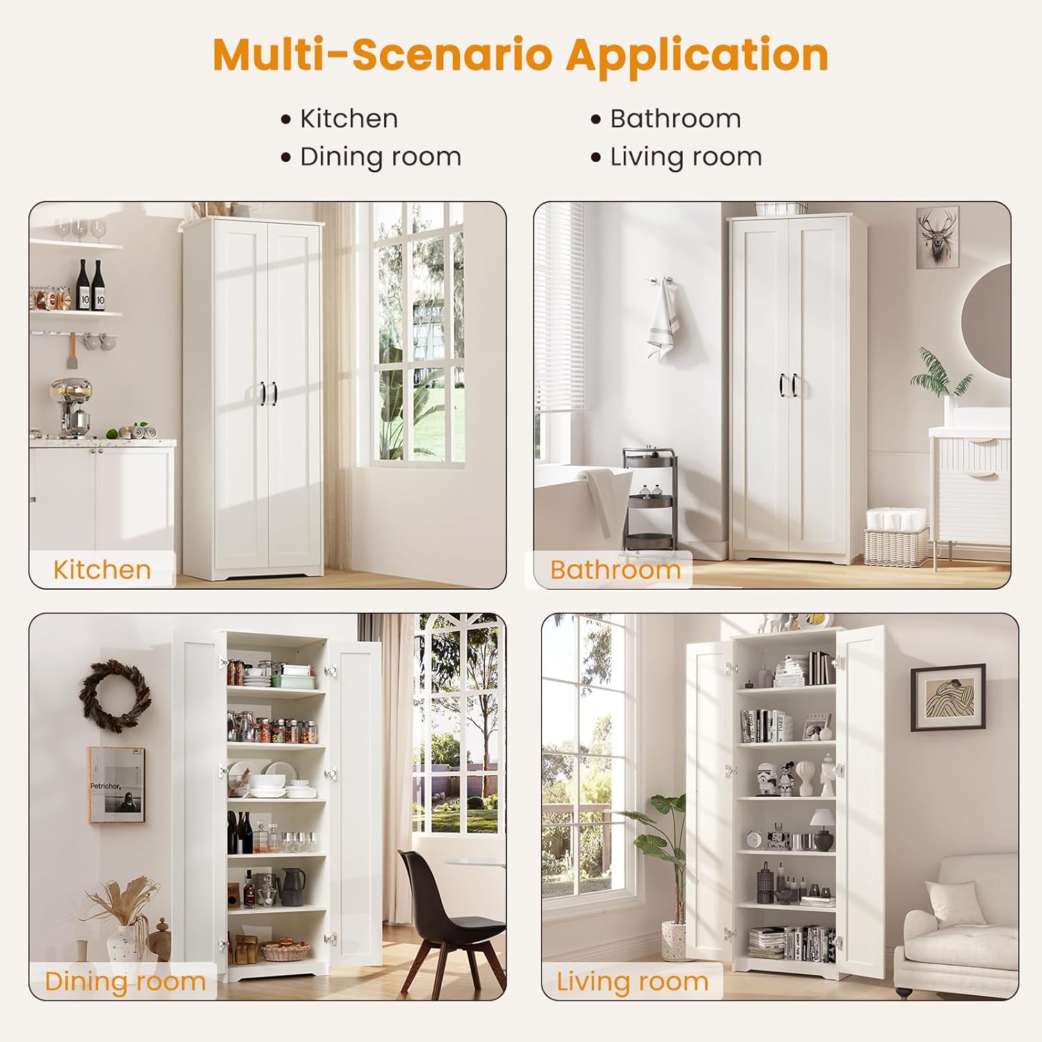 White 70" Tall Storage Cabinet with 2 Doors and 6 Adjustable Shelves W61862