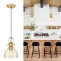 7.5" Farmhouse Pendant Lighting with Clear Seeded Glass Shade, Gold Wood Paint Finish Y76645