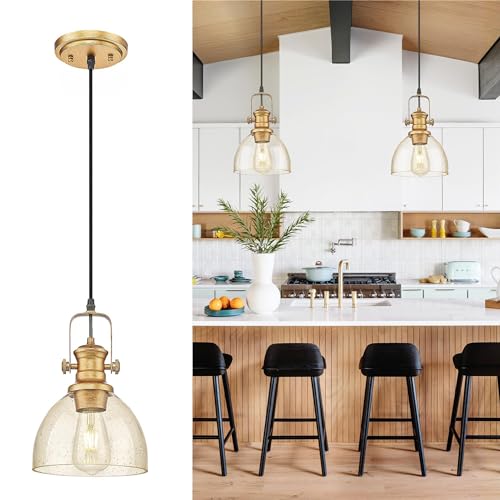 7.5" Farmhouse Pendant Lighting with Clear Seeded Glass Shade, Gold Wood Paint Finish Y76645
