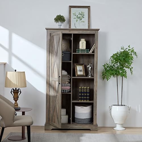 Tall Storage Cabinet Bookcase with Sliding Barn Door and Adjustable Shelf I423