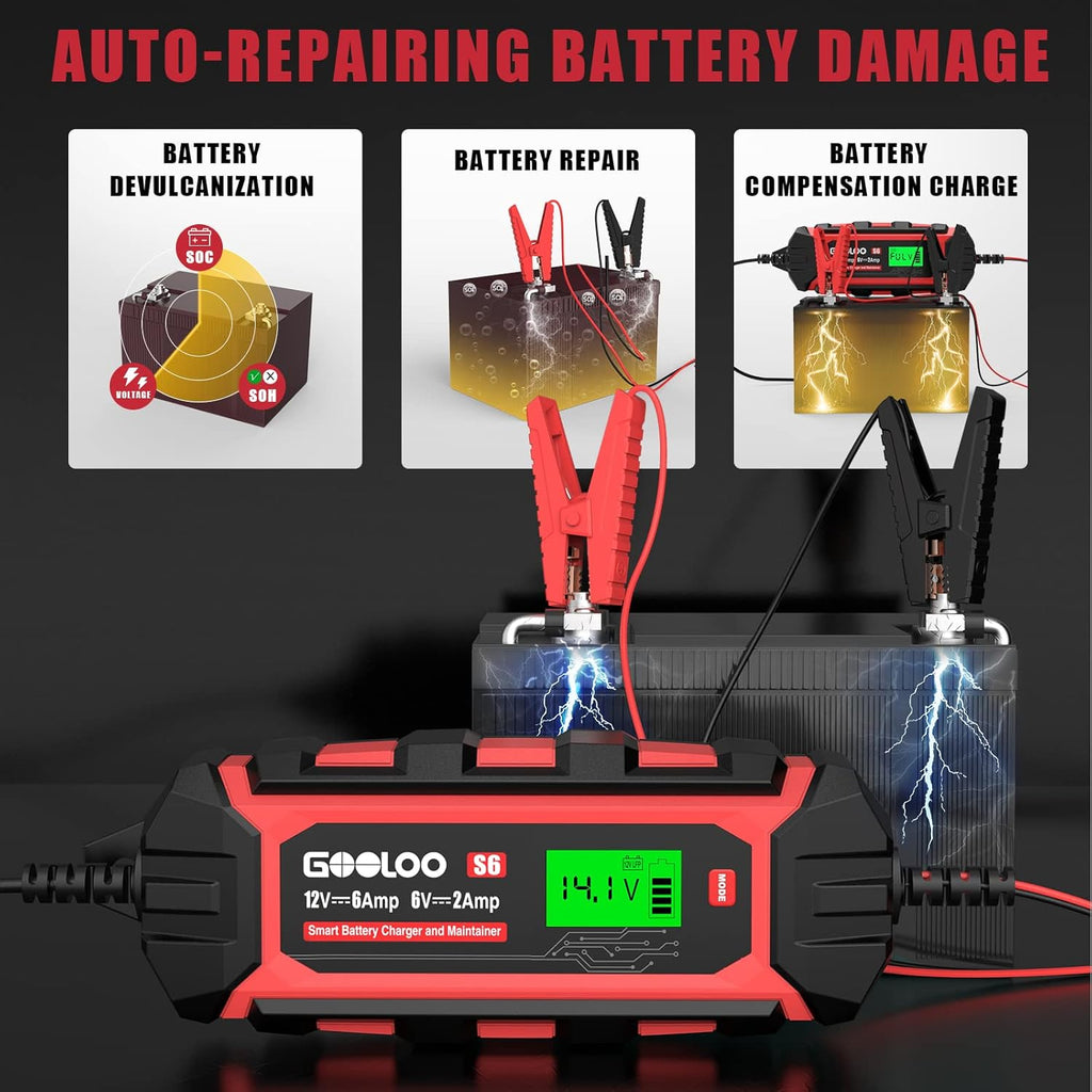 6 Amp 6V 12V Battery Charger Maintainer for Lead-Acid Battery Up to 150Ah LCD Display Pack of 2 J557597