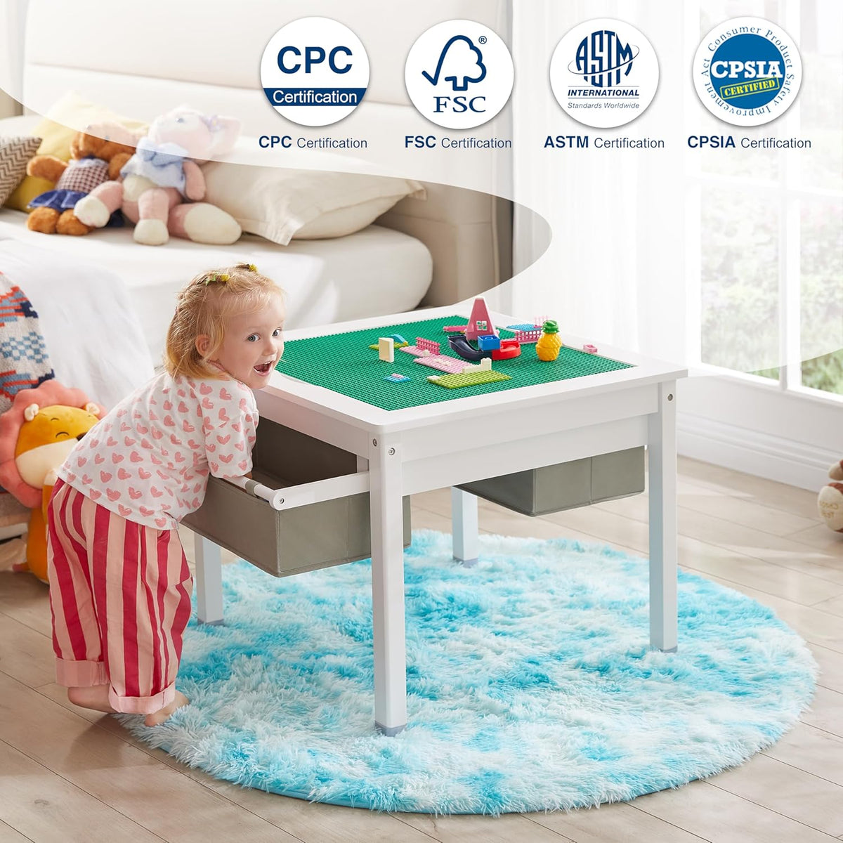 White Wooden Kids Table with Storage Drawers E69320