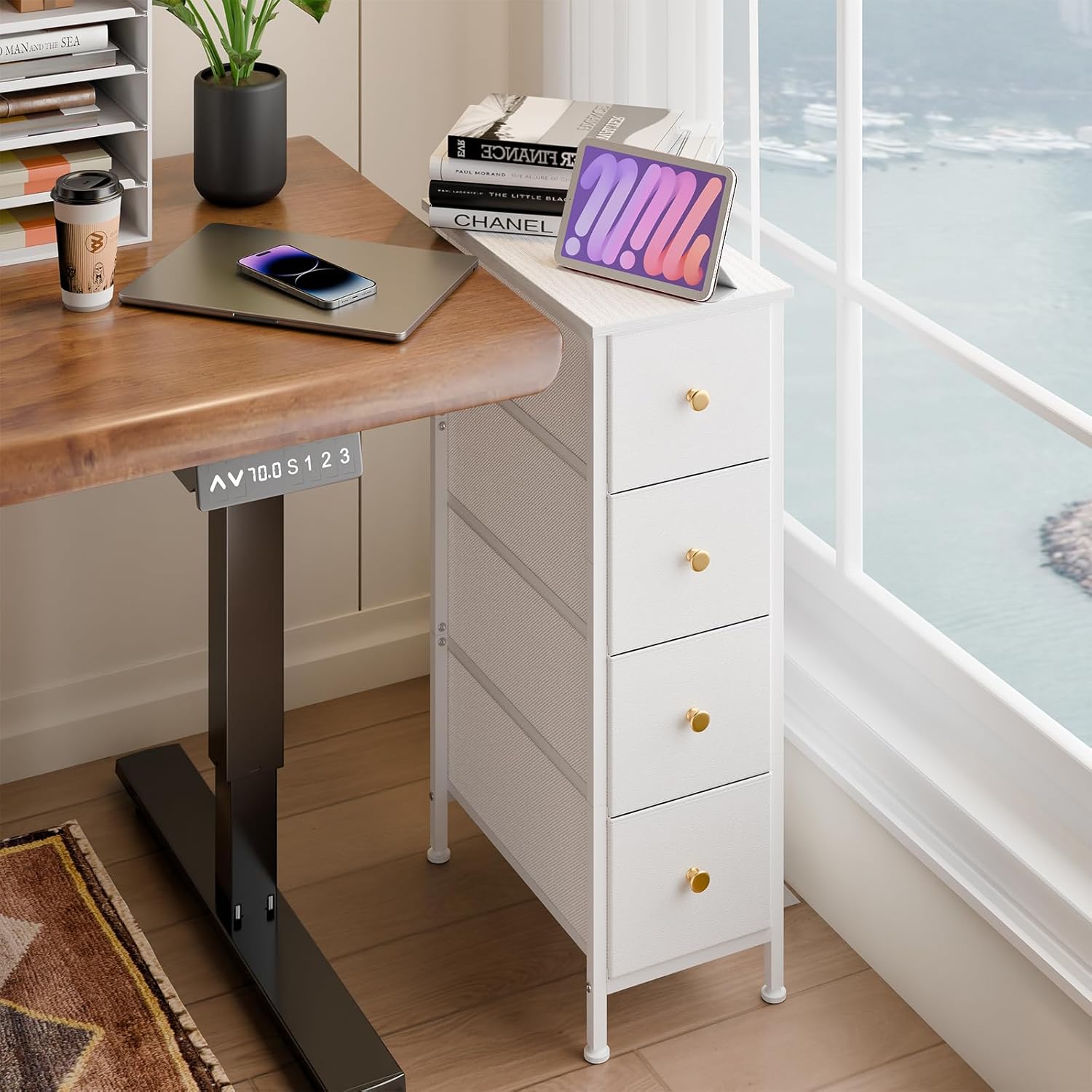White 4 Drawer Slim Fabric Dresser with Steel Frame and Wood Top C699796