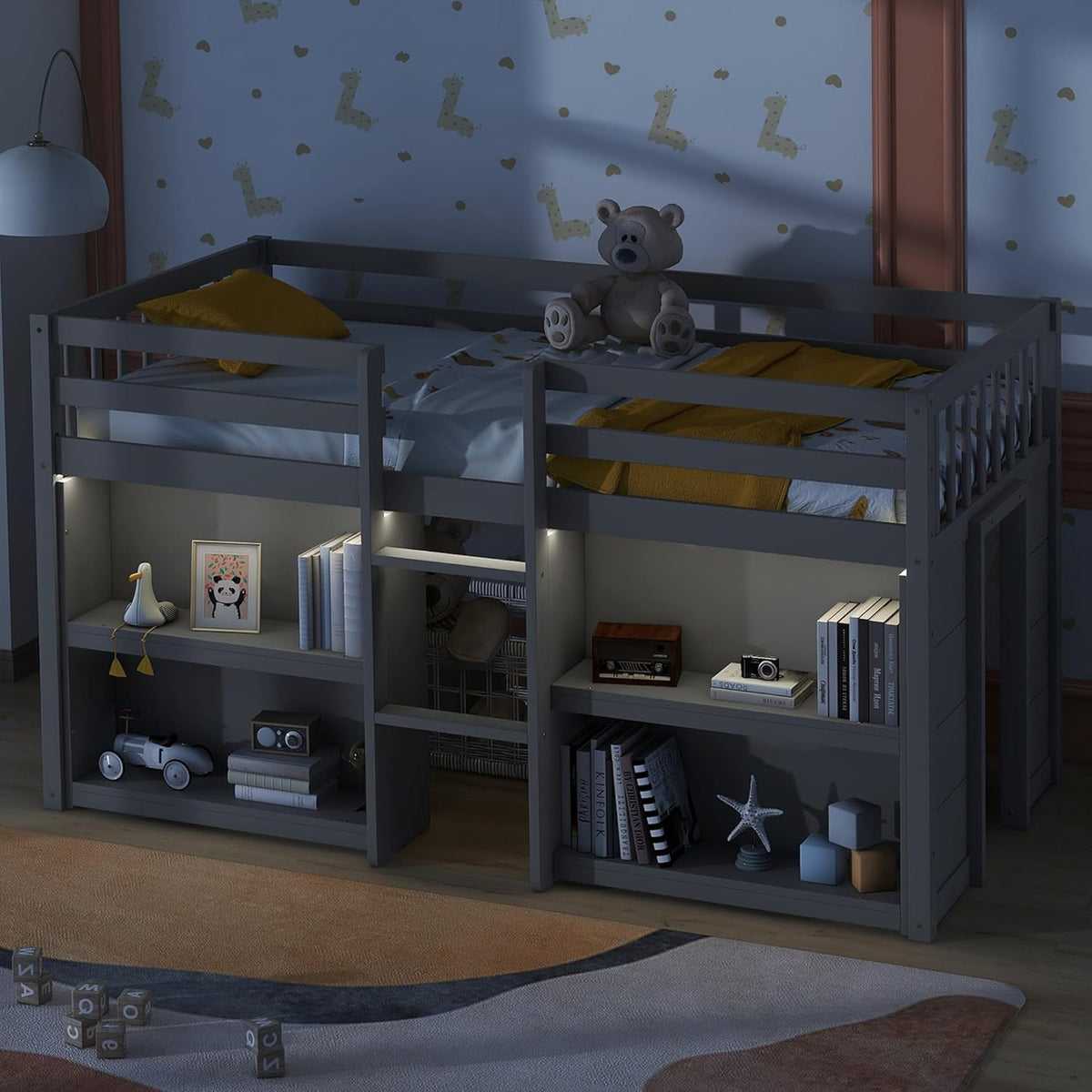 Grey LED Twin Low Loft Bed with Storage Shelves N651