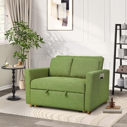 49" 2-Seater Linen Fabric Convertible Sofa Bed with Adjustable Backrest and 2 Pillows R55509