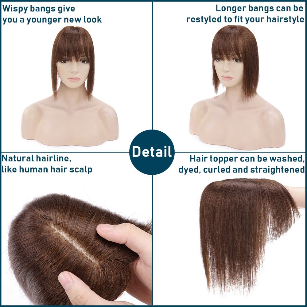100% Real Human Hair Toppers with Bangs Silk Base 150% Density Clip in Topper 2.7”x5.1” Hair Pieces F1996