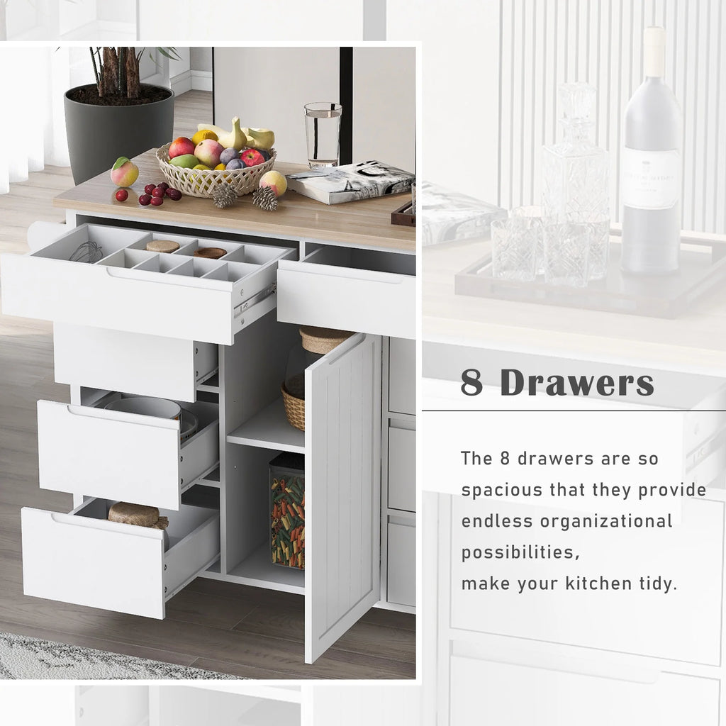 Rolling Kitchen Island with Storage, Rubber Wood Mobile Kitchen Cart with Lockable Wheels, Drawers, Shelves T324419