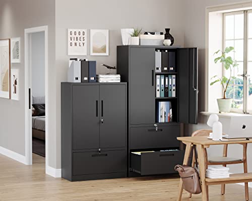 Black Metal 2 Drawer File Cabinet with Lock J1054