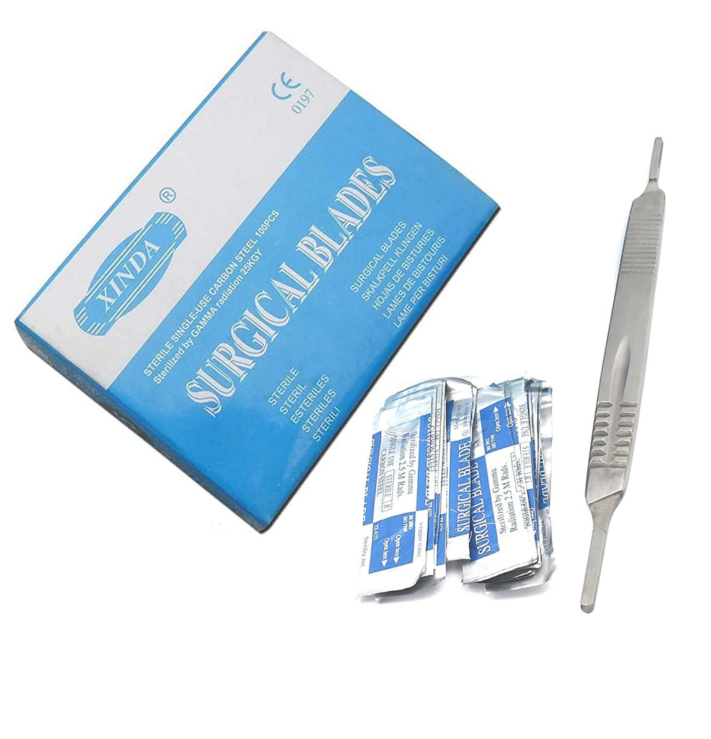 1 Scalpel Knife Handle # 3 & 4 with 100 Pieces Carbon Steel Scalpel Blade STERILE C472893