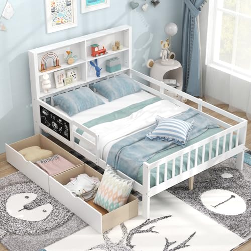 White Full Size Solid Wood Bed Frame with 2 Storage Drawers K79713