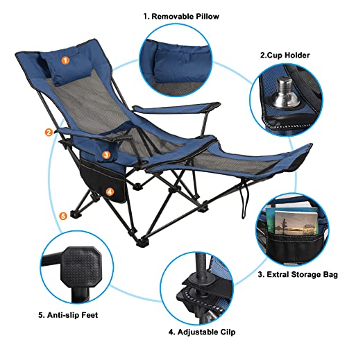 Camping Folding Chair with Foot Rest, Cup Holder, Removable Storage Bag (Blue) G9880