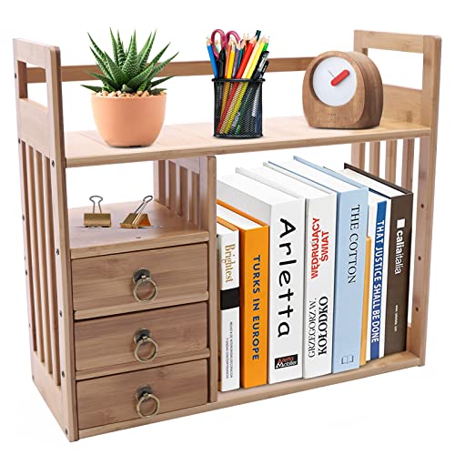Bamboo Desktop Bookshelf with 3 Drawers (Nut-Brown) Q947