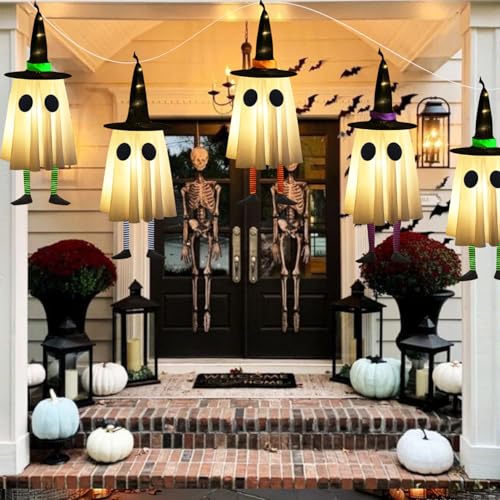 Set of 4 Halloween Hanging Ghosts with Witch Hat J679