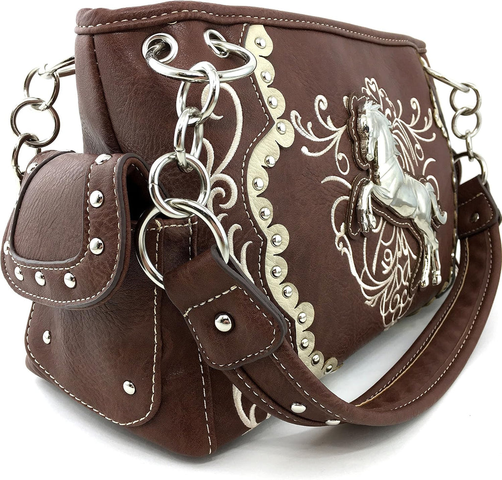 Brown Horse Embroidery Studded Concealed Carry Handbag Purse and Wallet O798