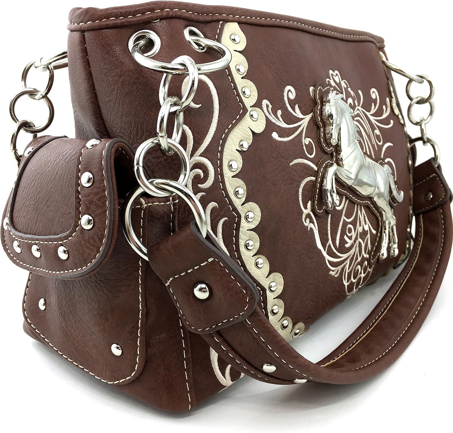 Brown Horse Embroidery Studded Concealed Carry Handbag Purse and Wallet O798