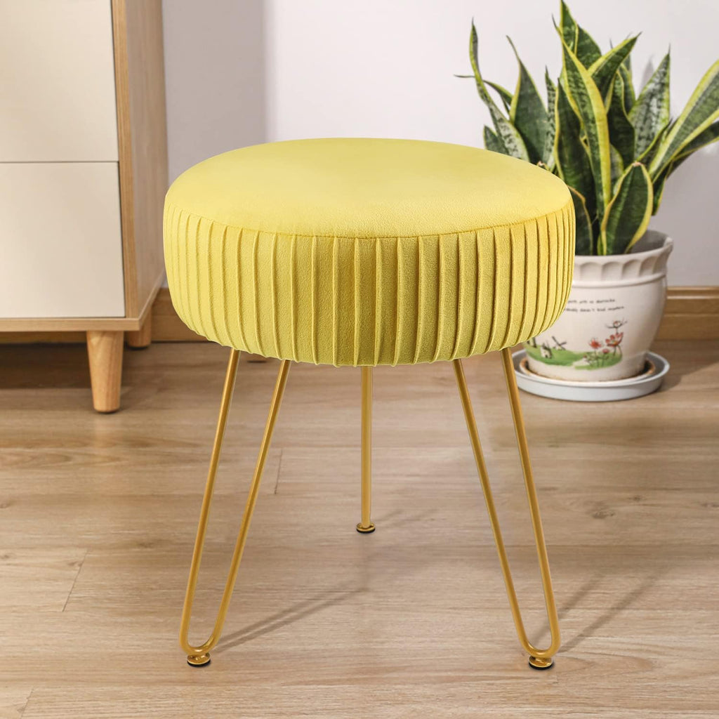 Yellow Velvet Round Vanity Chair with Golden Metal Legs B716