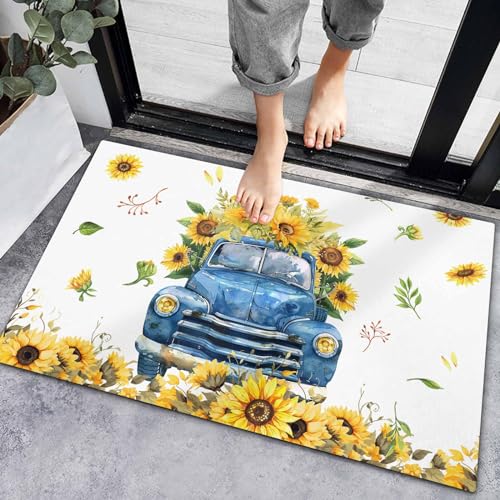 Yellow Sunflowers on Farm Truck Indoor Door Mats, Non-Slip Low Profile Entryway Rugs, Summer Floral on White, 18x30IN N96582