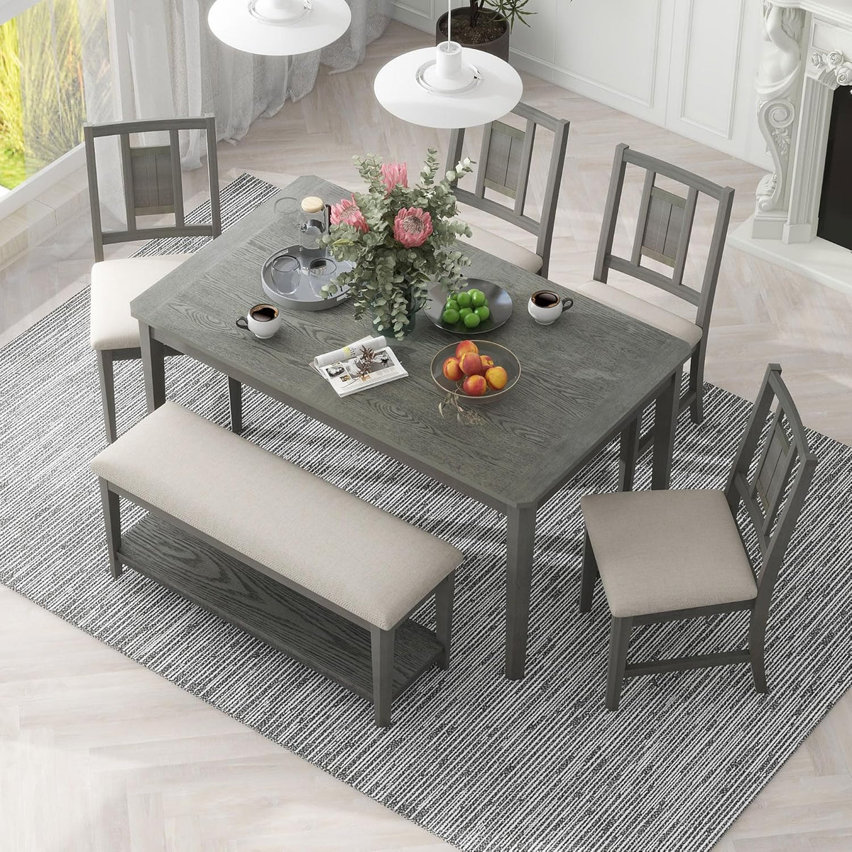 6-Piece Dining Table Set with 4 Upholstered Chairs and 1 Bench, Solid Wood, Dark Gray R132579