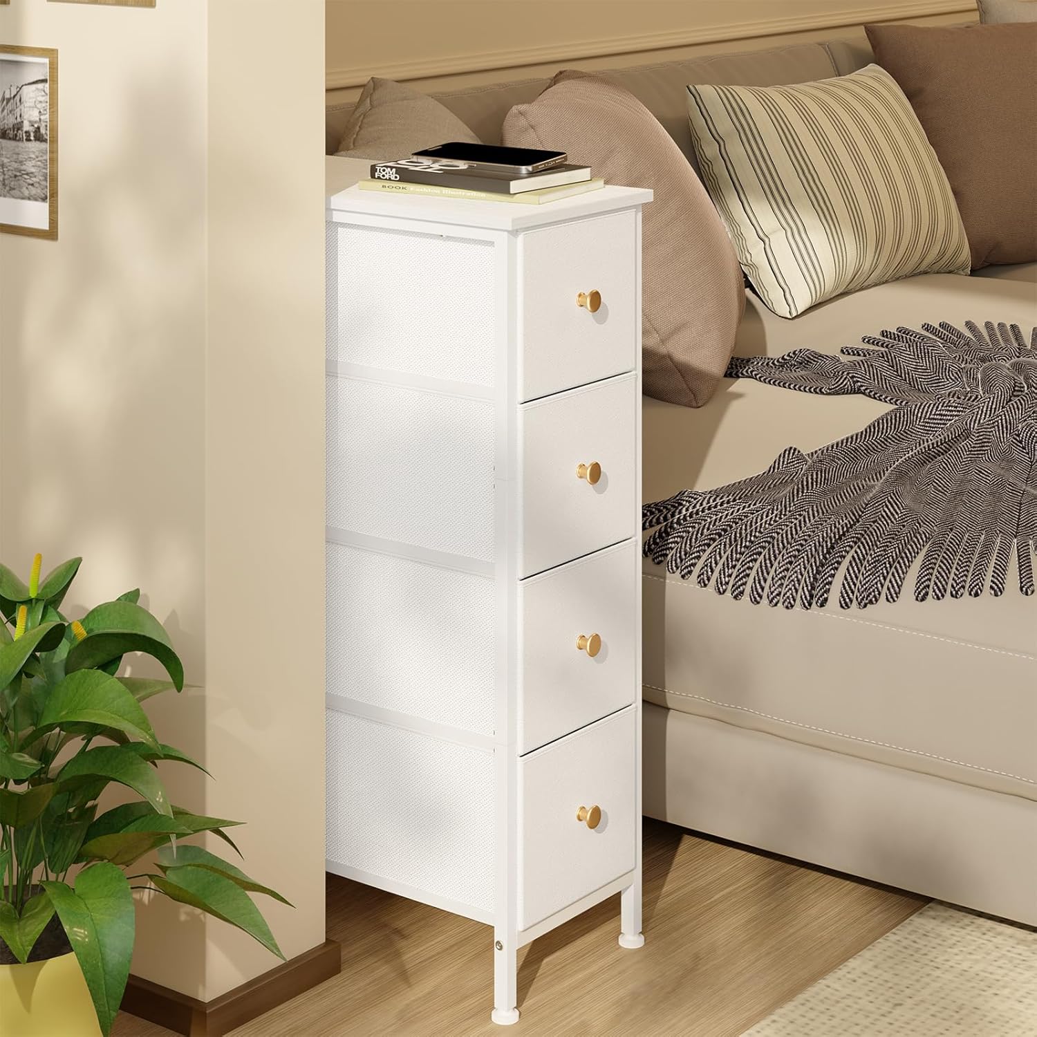 White 4 Drawer Slim Fabric Dresser with Steel Frame and Wood Top C699796
