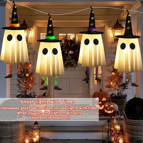 Set of 4 Halloween Hanging Ghosts with Witch Hat J679