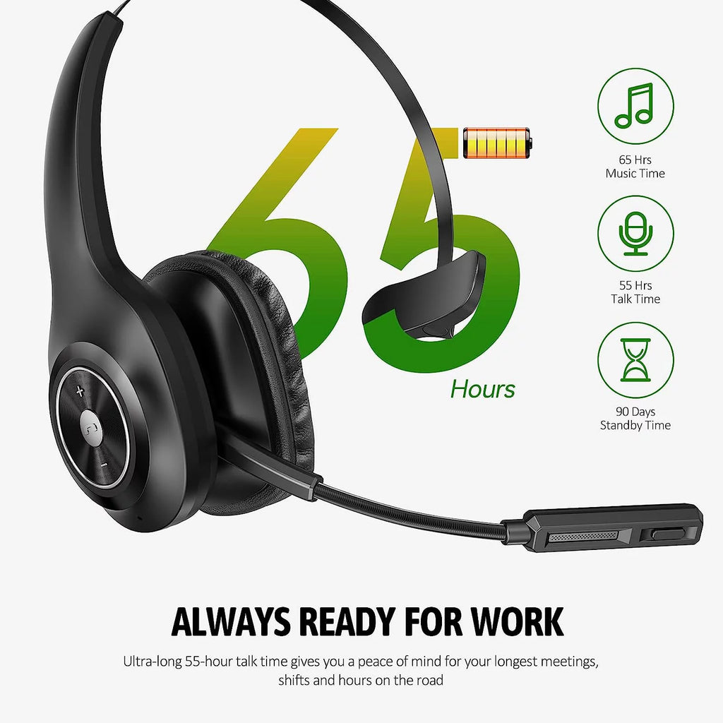 Bluetooth Headset with Microphone Noise Cancelling, 55H Talk Time N266