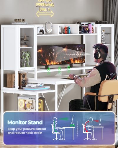 White 74.8'' Gaming Desk with LED Lights, Hutch and Storage Shelves P119