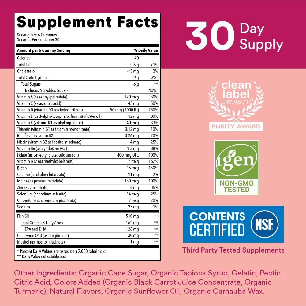 Organic Kids Multivitamin Gummies with Probiotics, Omega 3, Vitamin D3, C, B12 & Women's Multivitamin Gummies with Omega 3 Fish Oil, Methylfolate, CoQ10 F994303