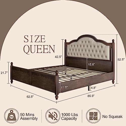 Walnut Queen Size Solid Bed Frame with Upholstered Tufted Headboard K136023