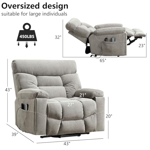 Grey Fabric Power Lift Recliner Chair with Heated Massage and USB Port I7976