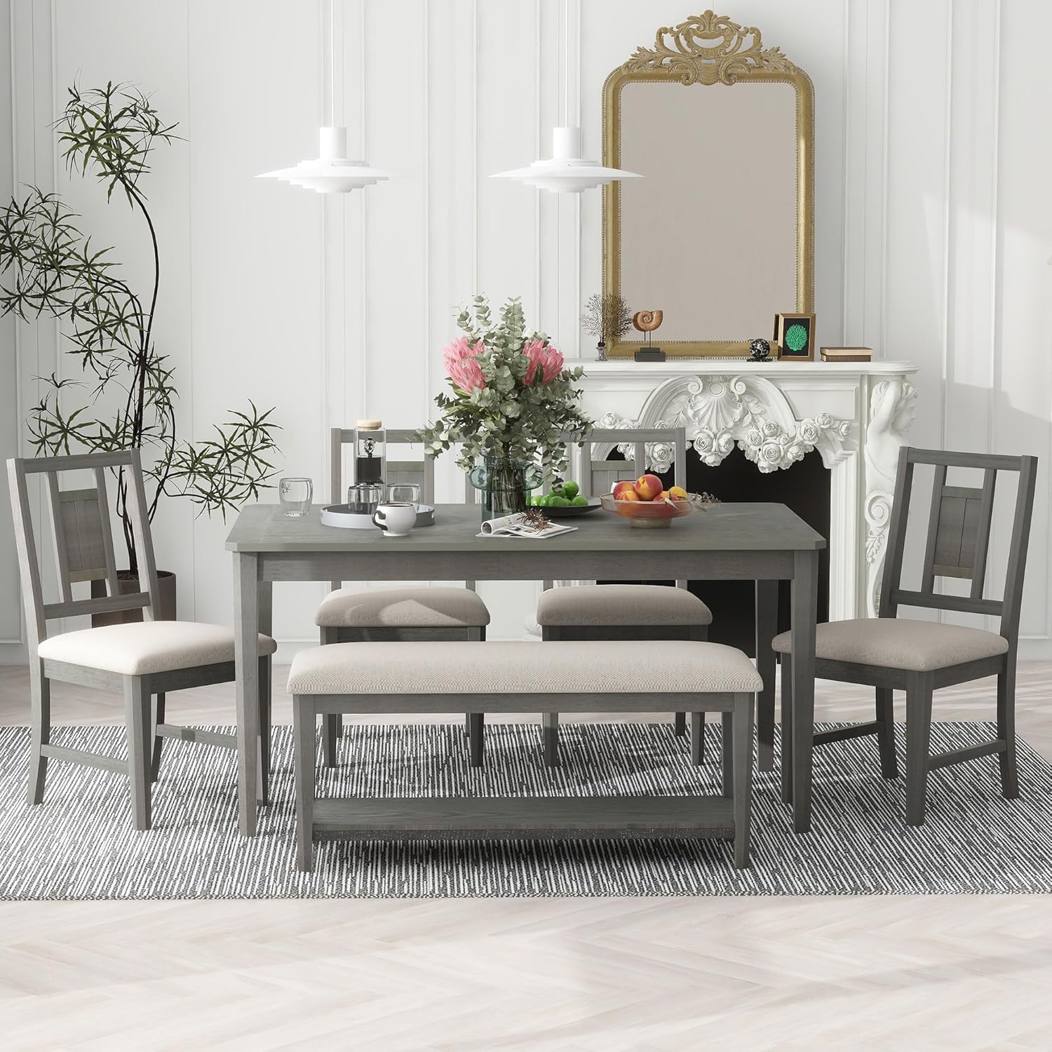 6-Piece Dining Table Set with 4 Upholstered Chairs and 1 Bench, Solid Wood, Dark Gray R132579