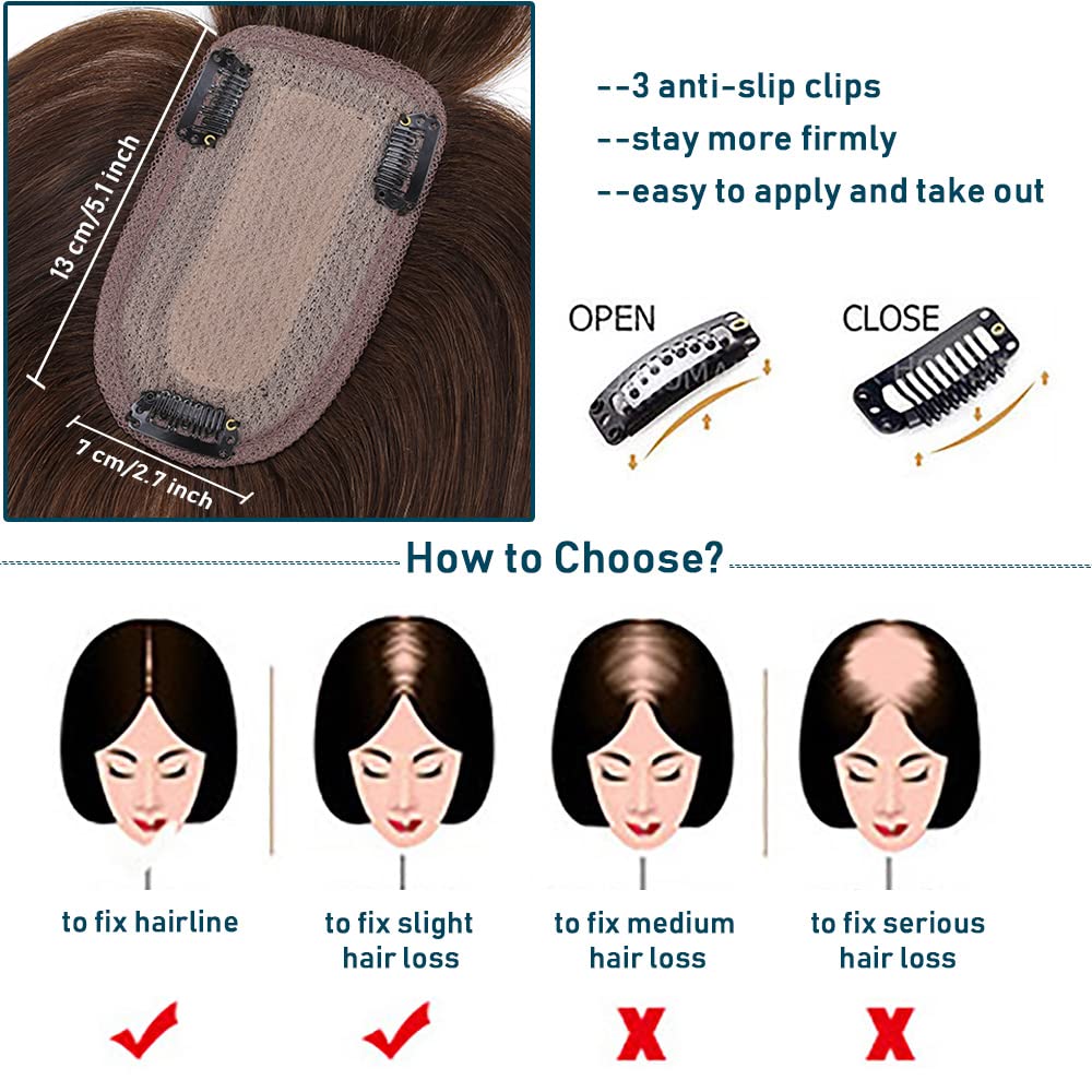 100% Real Human Hair Toppers with Bangs Silk Base 150% Density Clip in Topper 2.7”x5.1” Hair Pieces F1996