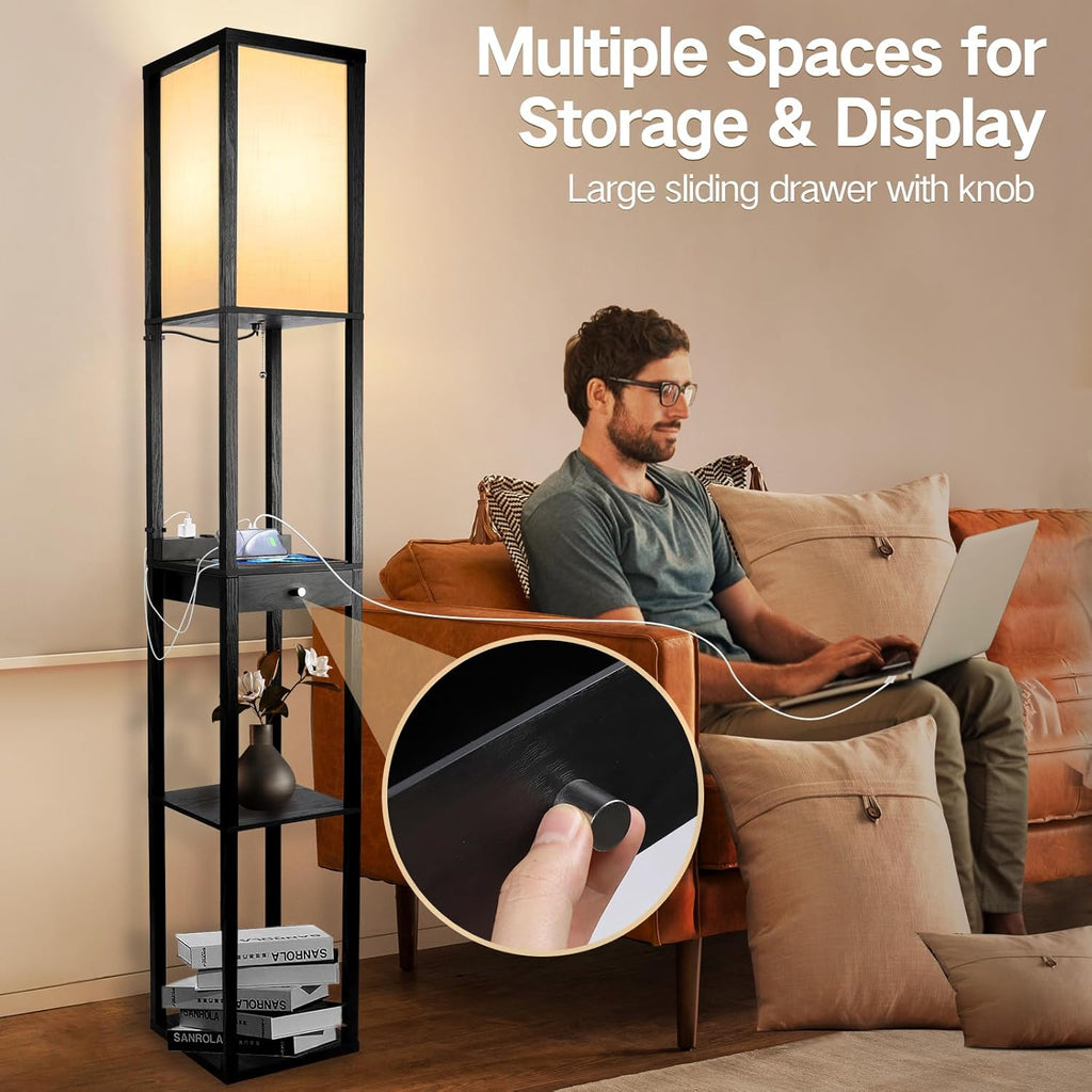 Wood Tripod Floor Lamp with Beige Linen Texture Shade I385