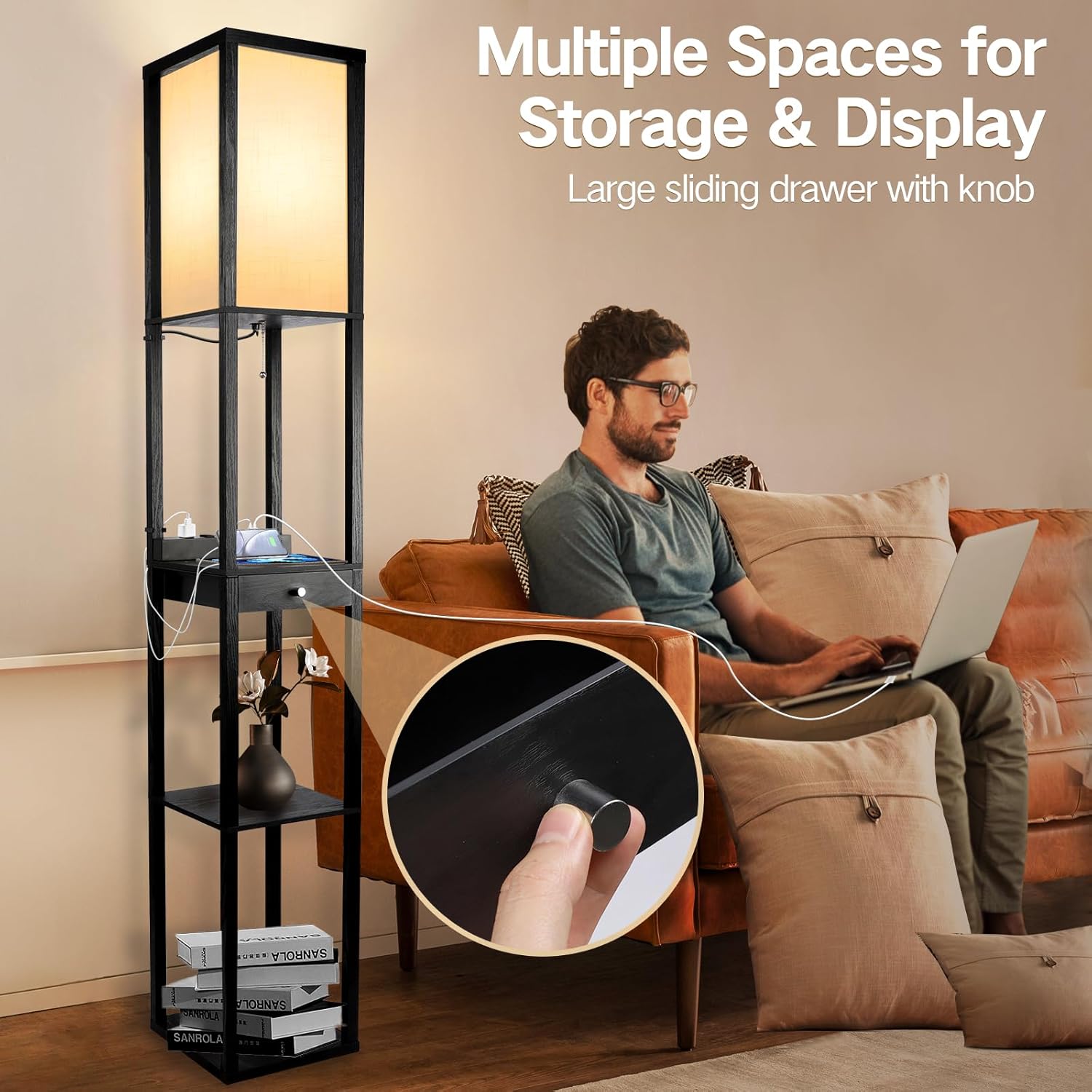 Wood Tripod Floor Lamp with Beige Linen Texture Shade I385