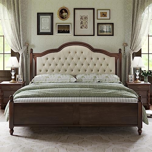 Walnut Queen Size Solid Bed Frame with Upholstered Tufted Headboard K136023