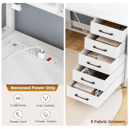White L Shaped Gaming Desk with Drawers and Hutch S7705