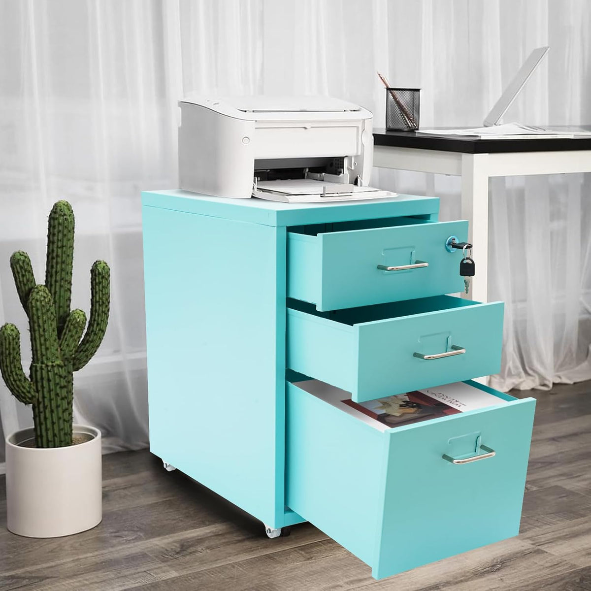 Blue 3 Drawer Mobile Metal Filing Cabinet with Lock N286